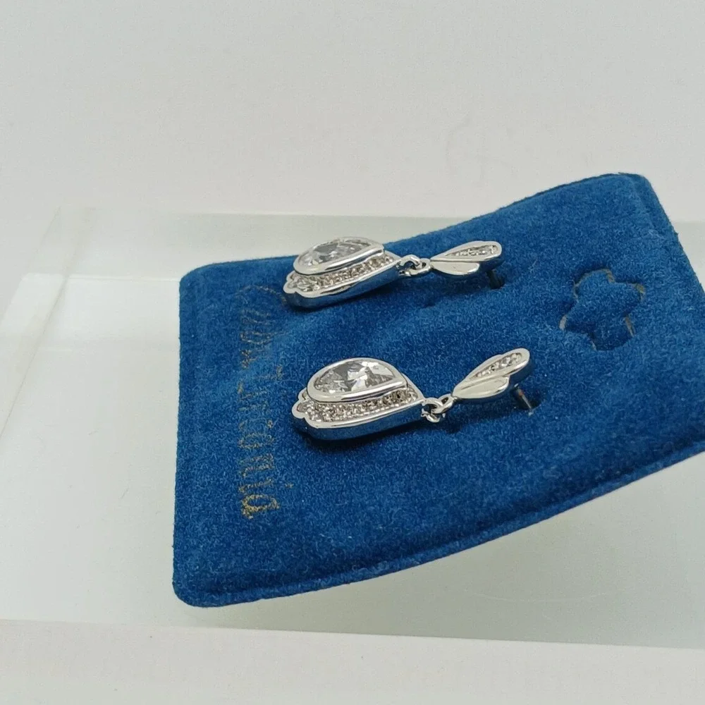 Vintage 1990s Pear Cut Cubic Zirconia Silver Tone Drop Earrings Rare New on Card